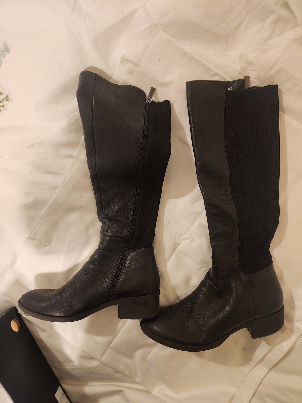 Kenneth Cole Black Knee-High Leather Riding Boots with Elastic Back